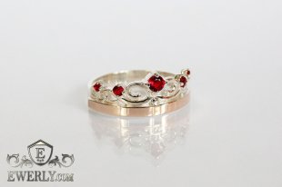 Серебряное кольцо - корона с красными камнями (фианиты), фото